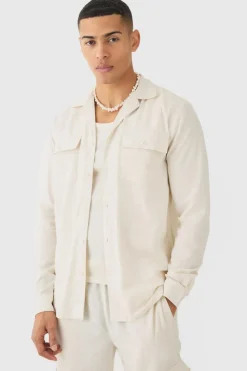 Store boohooMAN Long Sleeve Linen Cargo Shirt & Trouser natural