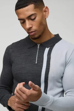 Store boohooMAN Long Sleeve Muscle Fit Colour Block Knit Polo charcoal