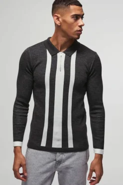 Store boohooMAN Long Sleeve Muscle Fit Stripe Knit Polo charcoal