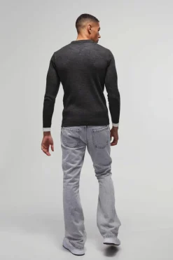 Store boohooMAN Long Sleeve Muscle Fit Stripe Knit Polo charcoal