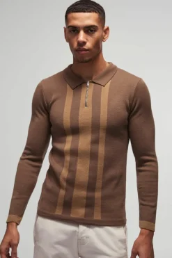 Best boohooMAN Long Sleeve Muscle Fit Stripe Knit Polo taupe
