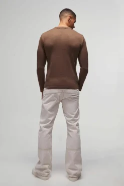 Best boohooMAN Long Sleeve Muscle Fit Stripe Knit Polo taupe