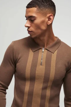 Best boohooMAN Long Sleeve Muscle Fit Stripe Knit Polo taupe