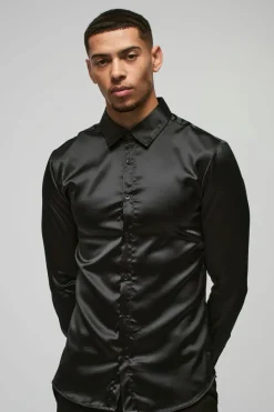 Best boohooMAN Long Sleeve Muscle Satin Shirt black