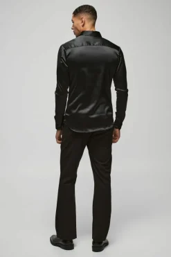 Best boohooMAN Long Sleeve Muscle Satin Shirt black