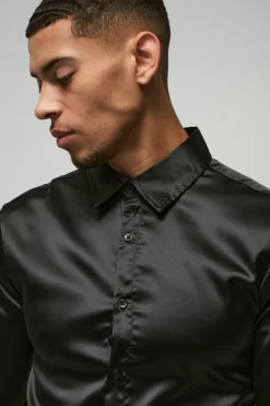 Best boohooMAN Long Sleeve Muscle Satin Shirt black