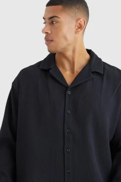 Cheap boohooMAN Long Sleeve Pleated Oversized Shirt black