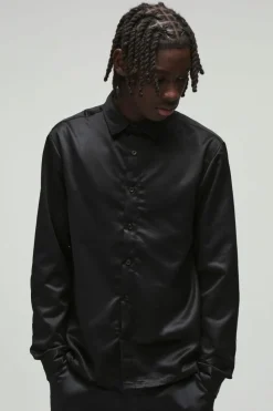 Online boohooMAN Long Sleeve Satin Regular Shirt black