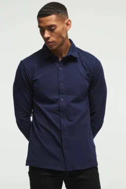 Shop boohooMAN Long Sleeve Slim Fit Jersey Shirt navy