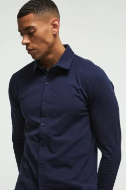 Shop boohooMAN Long Sleeve Slim Fit Jersey Shirt navy
