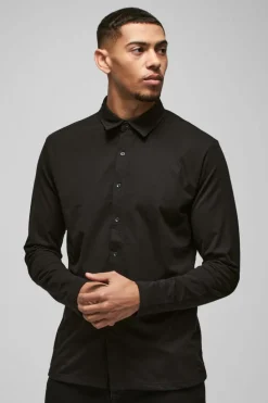 New boohooMAN Long Sleeve Slim Fit Jersey Shirt black