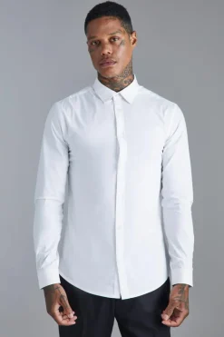 Cheap boohooMAN Long Sleeve Slim Fit Shirt white