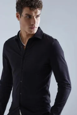 Shop boohooMAN Long Sleeve Stretch Fit Jersey Shirt black