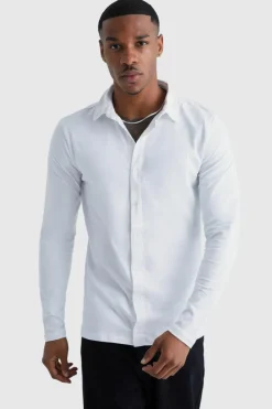 Online boohooMAN Long Sleeve Stretch Fit Jersey Shirt white