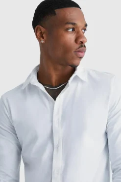 Online boohooMAN Long Sleeve Stretch Fit Jersey Shirt white