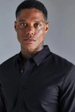 Outlet boohooMAN Long Sleeve Stretch Fit Shirt black