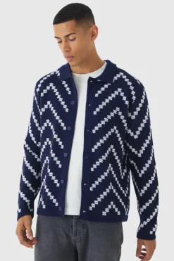 Outlet boohooMAN Long Sleeve Stripe Knit Shirt navy
