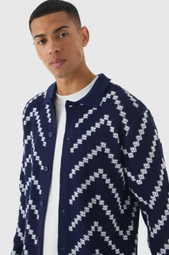Outlet boohooMAN Long Sleeve Stripe Knit Shirt navy