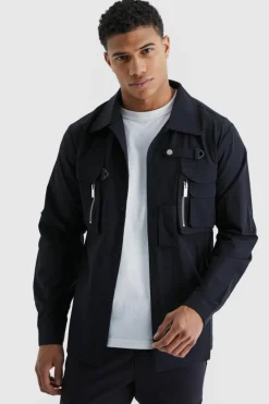 Shop boohooMAN Long Sleeve Technical 3d Pocket Utility Shirt black