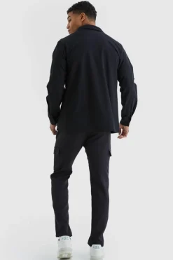 Shop boohooMAN Long Sleeve Technical 3d Pocket Utility Shirt black