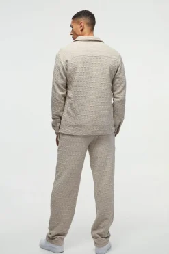 Clearance boohooMAN Long Sleeve Textured Stretch Shirt And Trousers Set stone