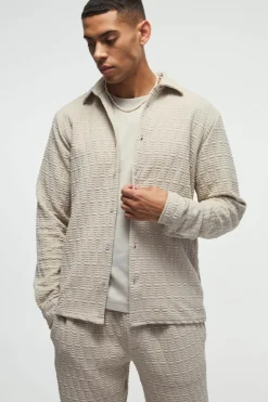 Clearance boohooMAN Long Sleeve Textured Stretch Shirt And Trousers Set stone