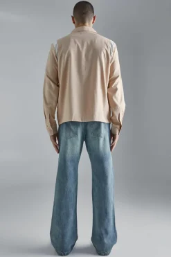 Hot boohooMAN Long Sleeve Varsity Panel Shirt stone