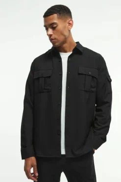 Shop boohooMAN Long Sleeve 4 Way Stretch Fit Overshirt black