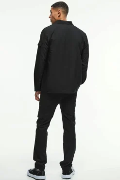 Shop boohooMAN Long Sleeve 4 Way Stretch Fit Overshirt black