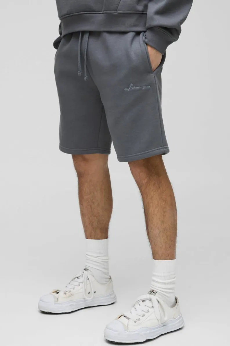 Cheap boohooMAN Loose Fit Mid Length BM Signature Shorts charcoal