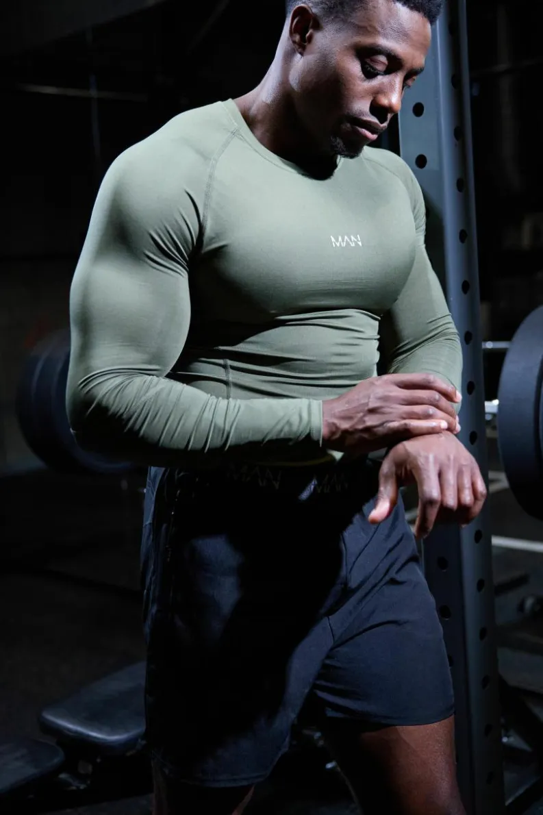 Cheap boohooMAN Man Active Base Layer Long Sleeve T-shirt khaki
