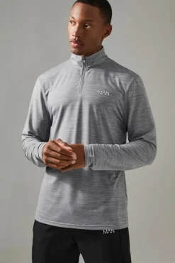 Hot boohooMAN Man Active Breathable Marl 1/4 Zip Top charcoal
