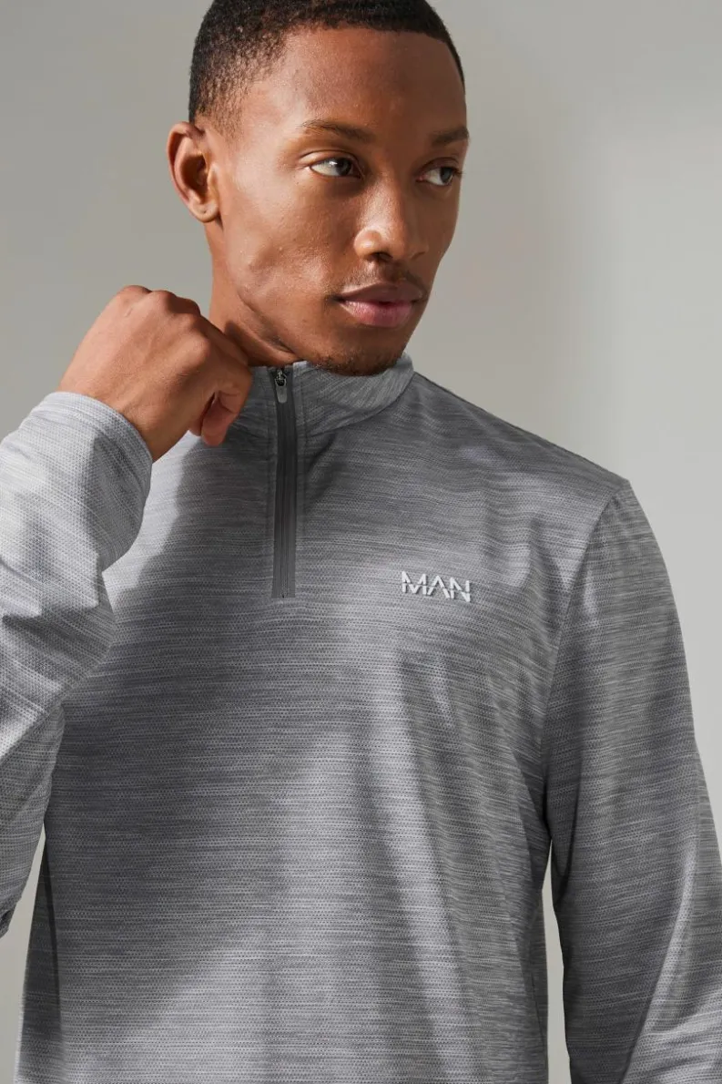 Hot boohooMAN Man Active Breathable Marl 1/4 Zip Top charcoal