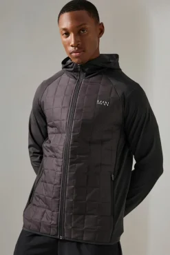 Cheap boohooMAN Man Active Check Quilted Zip Through Hoodie charcoal
