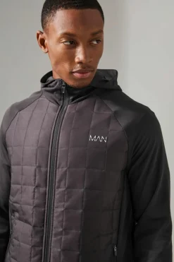 Cheap boohooMAN Man Active Check Quilted Zip Through Hoodie charcoal