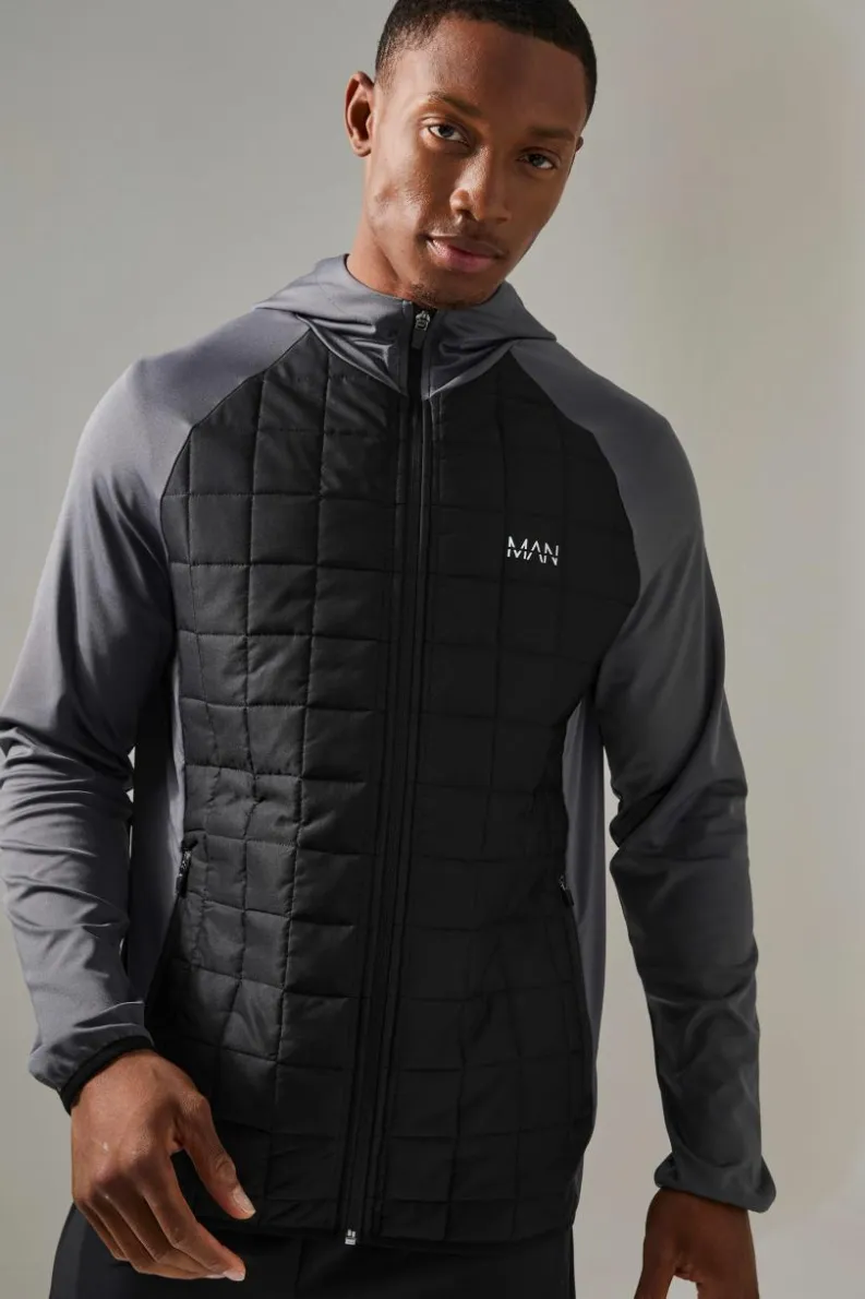 Best boohooMAN Man Active Check Quilted Zip Through Hoodie charcoal