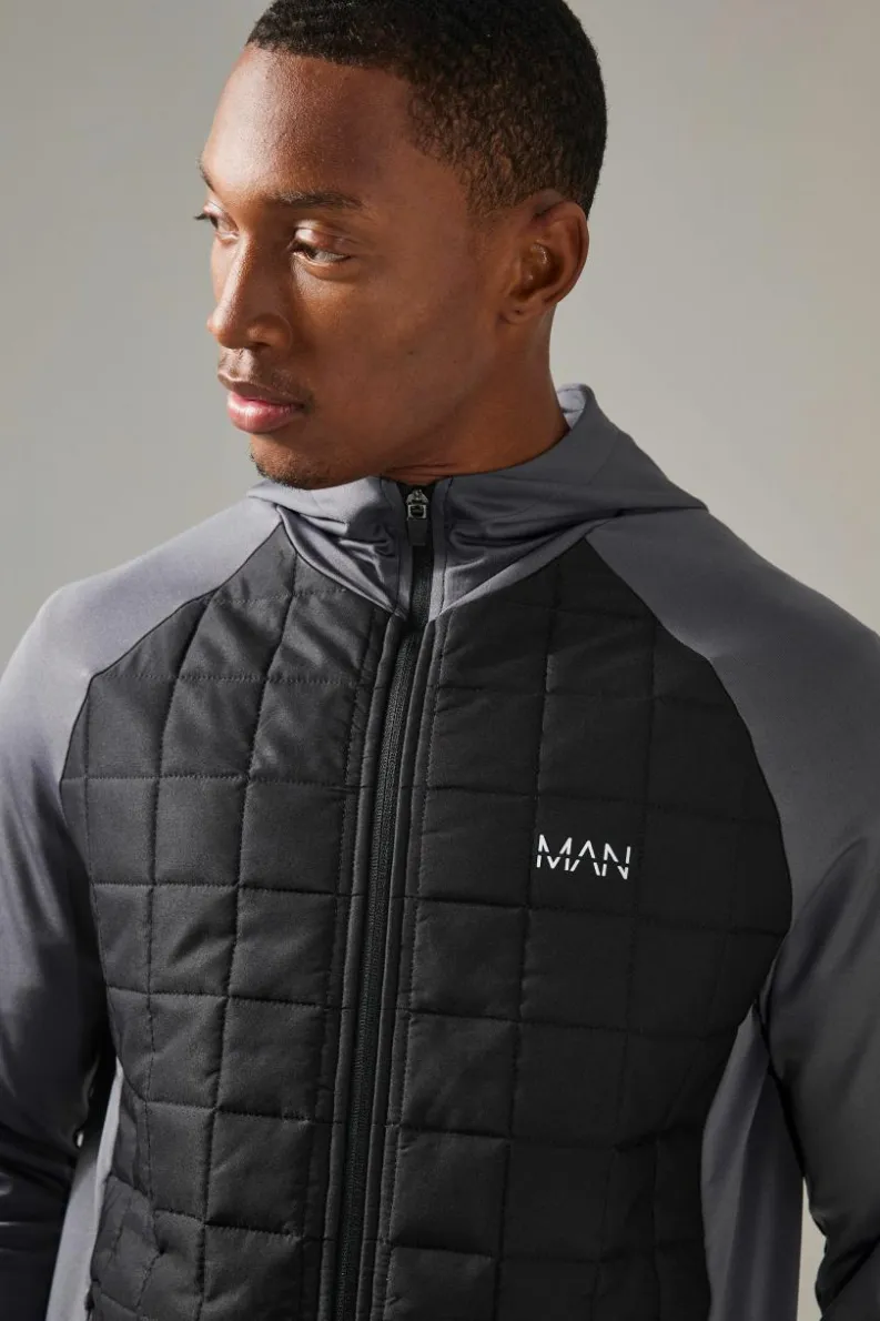 Best boohooMAN Man Active Check Quilted Zip Through Hoodie charcoal
