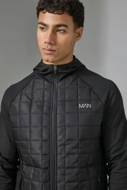 Hot boohooMAN Man Active Check Quilted Zip Through Hoodie black