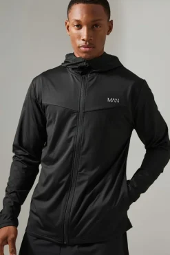 Sale boohooMAN Man Active Fleece Back Performance Slim Fit Zip Through Hoodie black