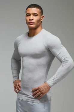 Flash Sale boohooMAN Man Active Fleece Lined Marl Baselayer Long Sleeve T-shirt grey marl