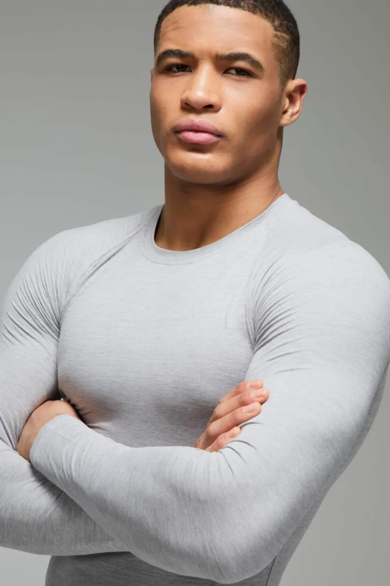 Flash Sale boohooMAN Man Active Fleece Lined Marl Baselayer Long Sleeve T-shirt grey marl
