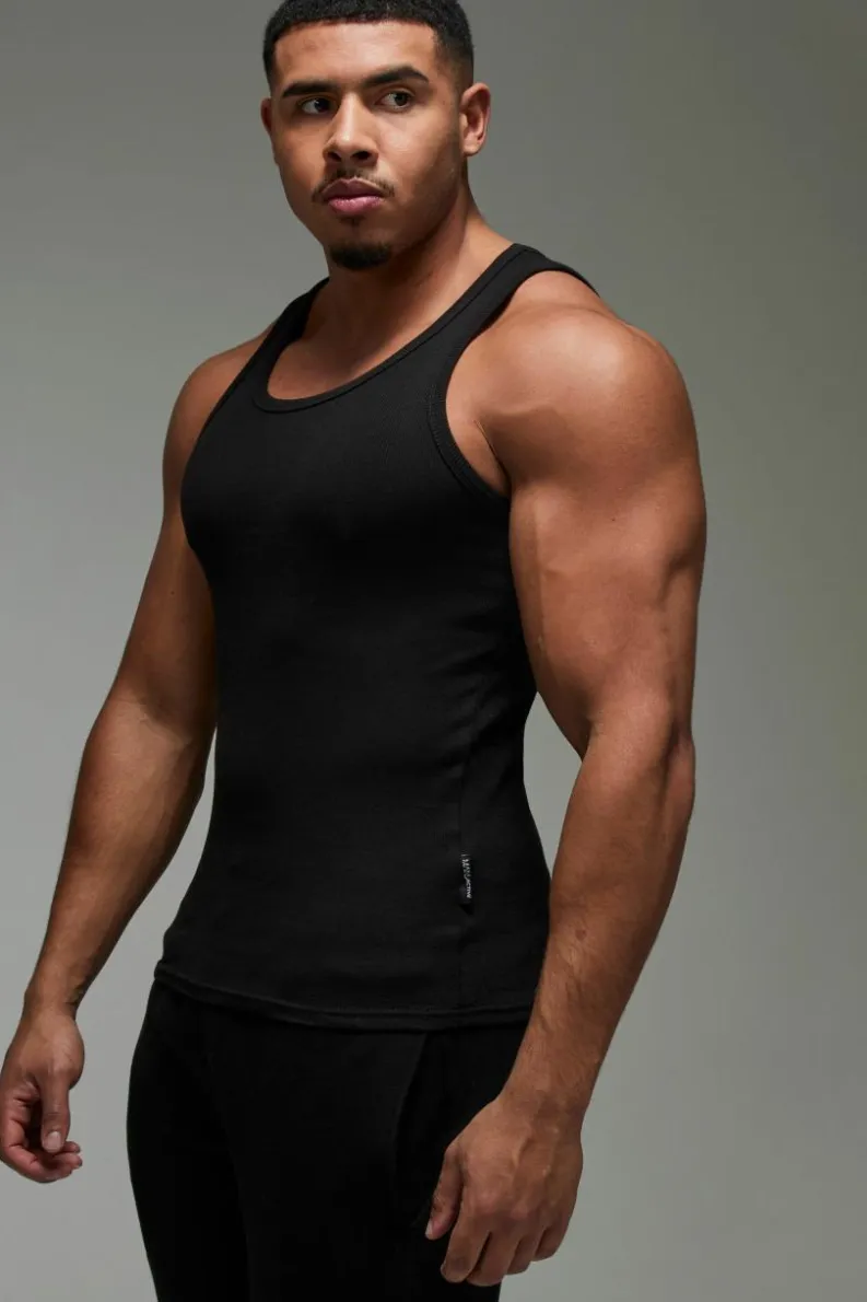 Store boohooMAN Man Active Gym Muscle Fit Ribbed Vest black