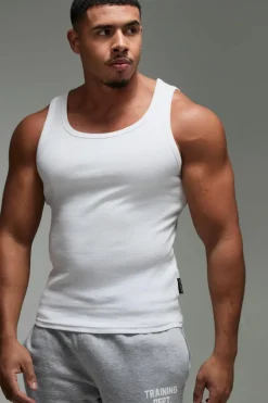Outlet boohooMAN Man Active Gym Muscle Fit Ribbed Vest white