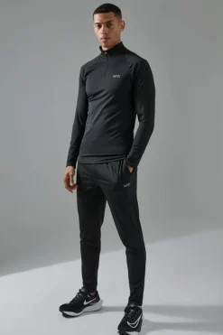 Online boohooMAN Man Active Gym 1/4 Zip Tracksuit black