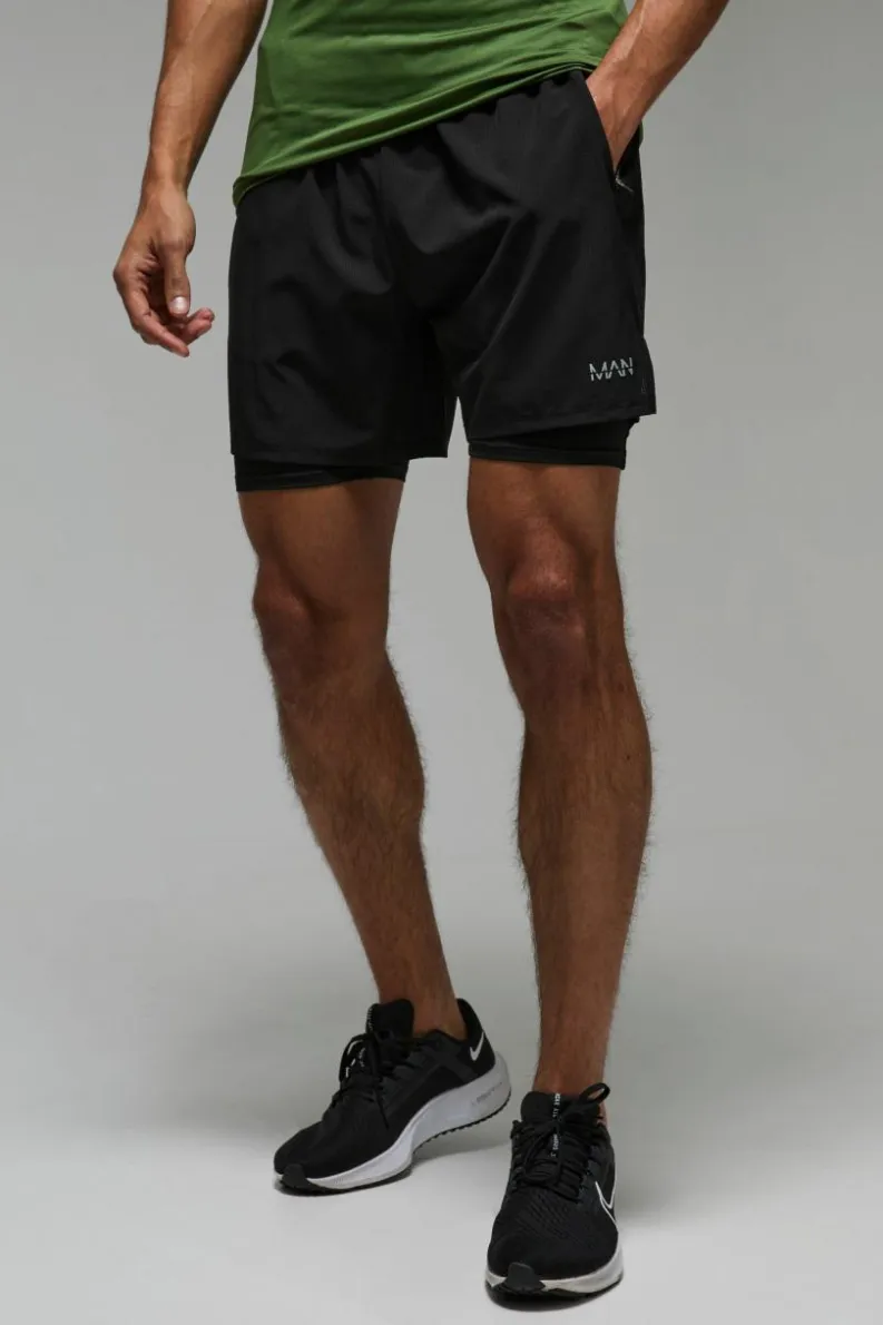Sale boohooMAN Man Active 2 in 1 7inch Perforated Grid Short black