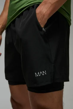 Sale boohooMAN Man Active 2 in 1 7inch Perforated Grid Short black