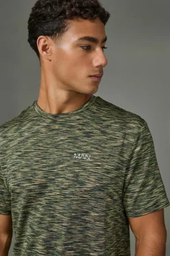 Shop boohooMAN Man Active Lightweight Space Dye Marl Short Sleeve T-shirt khaki