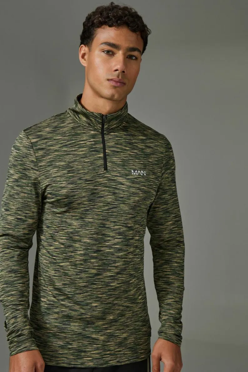 Outlet boohooMAN Man Active Lightweight Space Dye Marl 1/4 Zip Top khaki