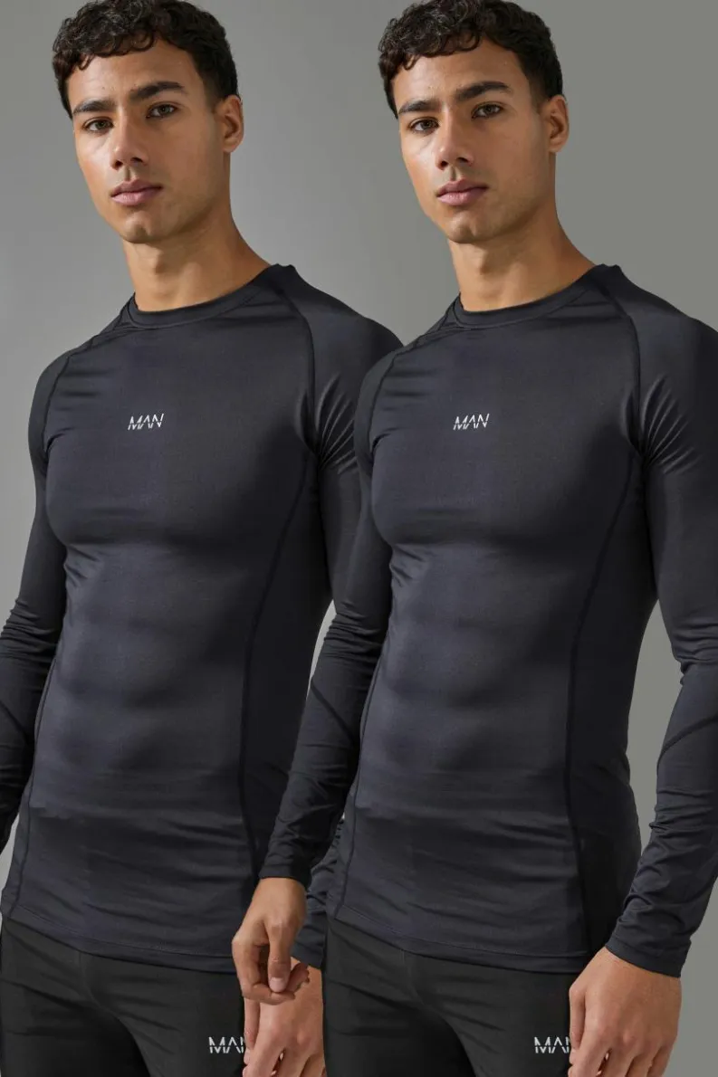 Online boohooMAN Man Active Long Sleeve Base Layer T-shirt 2 Pack black
