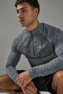 Best boohooMAN Man Active Muscle Fit Seamless Marl 1/4 Zip charcoal